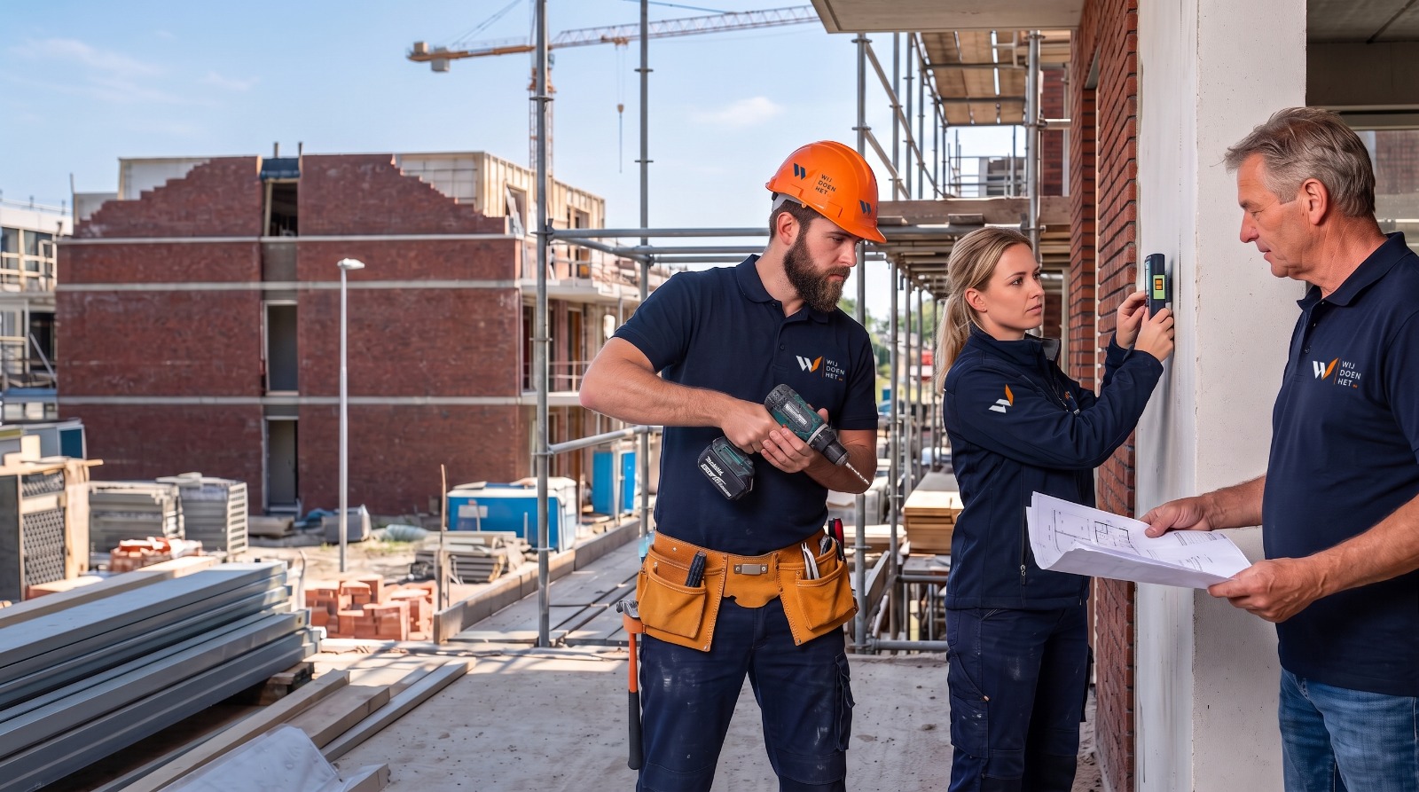 Vakmensen in actie op de bouwplaats met professionele uitrusting